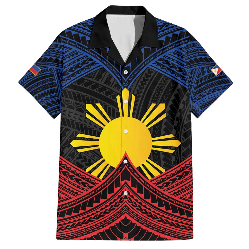 Personalized Philippines Family Matching Off Shoulder Short Dress and Hawaiian Shirt Polynesian Tribal Tattoo with Filipino Flag Motif LT9 Dad's Shirt - Short Sleeve Black - Polynesian Pride