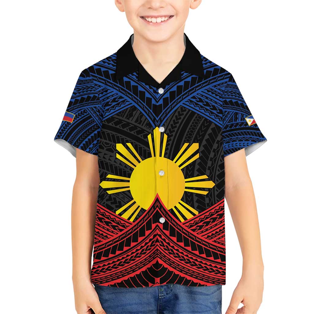 Personalized Philippines Family Matching Off Shoulder Short Dress and Hawaiian Shirt Polynesian Tribal Tattoo with Filipino Flag Motif LT9 Son's Shirt Black - Polynesian Pride