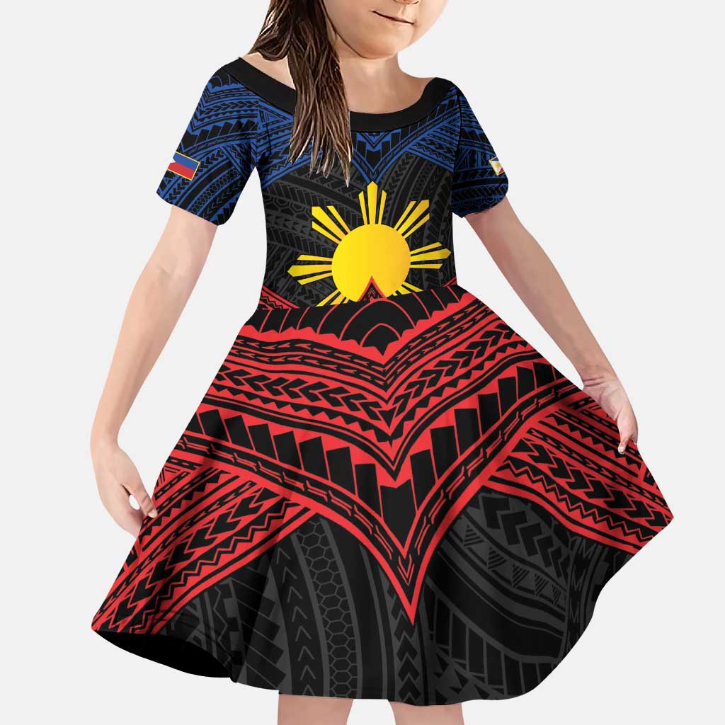 Personalized Philippines Family Matching Puletasi and Hawaiian Shirt Polynesian Tribal Tattoo with Filipino Flag Motif LT9 Daughter's Dress Black - Polynesian Pride