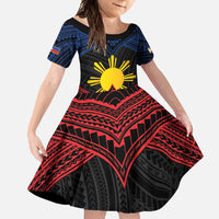 Personalized Philippines Family Matching Summer Maxi Dress and Hawaiian Shirt Polynesian Tribal Tattoo with Filipino Flag Motif LT9 Daughter's Dress Black - Polynesian Pride