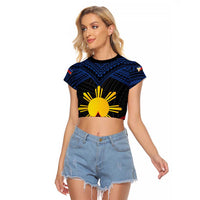 Personalized Philippines Raglan Cropped T Shirt Polynesian Tribal Tattoo with Filipino Flag Motif LT9 Female Black - Polynesian Pride