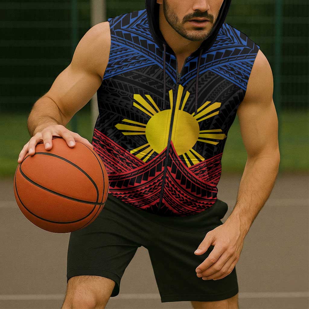 Personalized Philippines Sleeveless Zip Hoodie Polynesian Tribal Tattoo with Filipino Flag Motif - Polynesian Pride