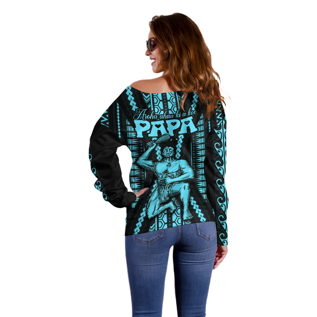 Personalised Aotearoa Father's Day Gift For Dad Off Shoulder Sweater Aroha Ahau Ki A Koe Papa - Aqua Maori Style Pattern LT9 - Polynesian Pride