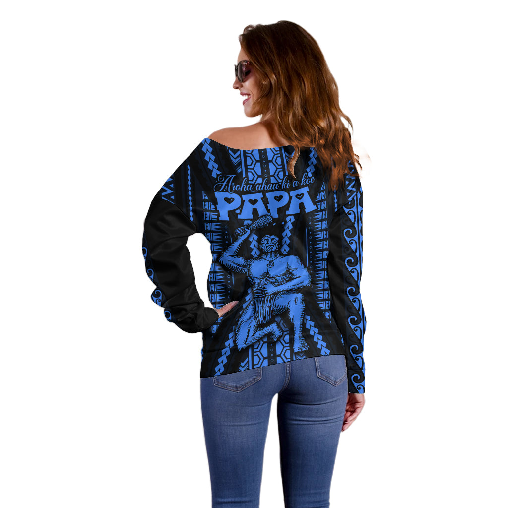 Aotearoa Father's Day Gift For Dad Off Shoulder Sweater Aroha Ahau Ki A Koe Papa - Blue Maori Style Pattern LT9 - Polynesian Pride