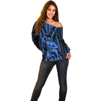 Personalised Aotearoa Father's Day Gift For Dad Off Shoulder Sweater Aroha Ahau Ki A Koe Papa - Blue Maori Style Pattern LT9 - Polynesian Pride