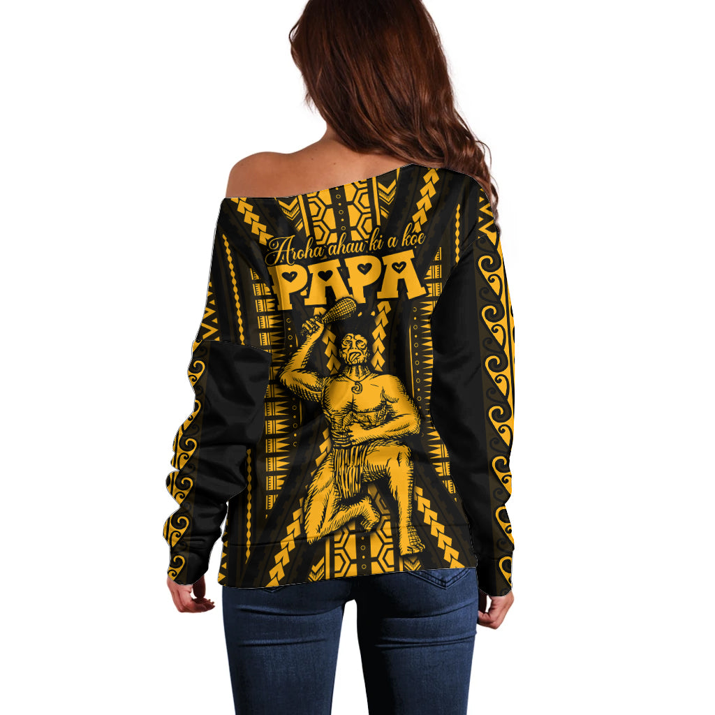 Aotearoa Father's Day Gift For Dad Off Shoulder Sweater Aroha Ahau Ki A Koe Papa - Gold Maori Style Pattern LT9 - Polynesian Pride
