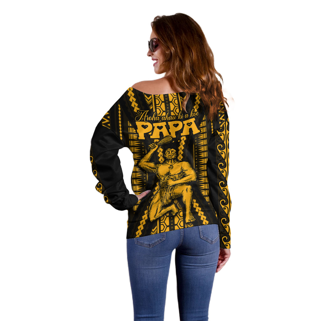 Aotearoa Father's Day Gift For Dad Off Shoulder Sweater Aroha Ahau Ki A Koe Papa - Gold Maori Style Pattern LT9 - Polynesian Pride