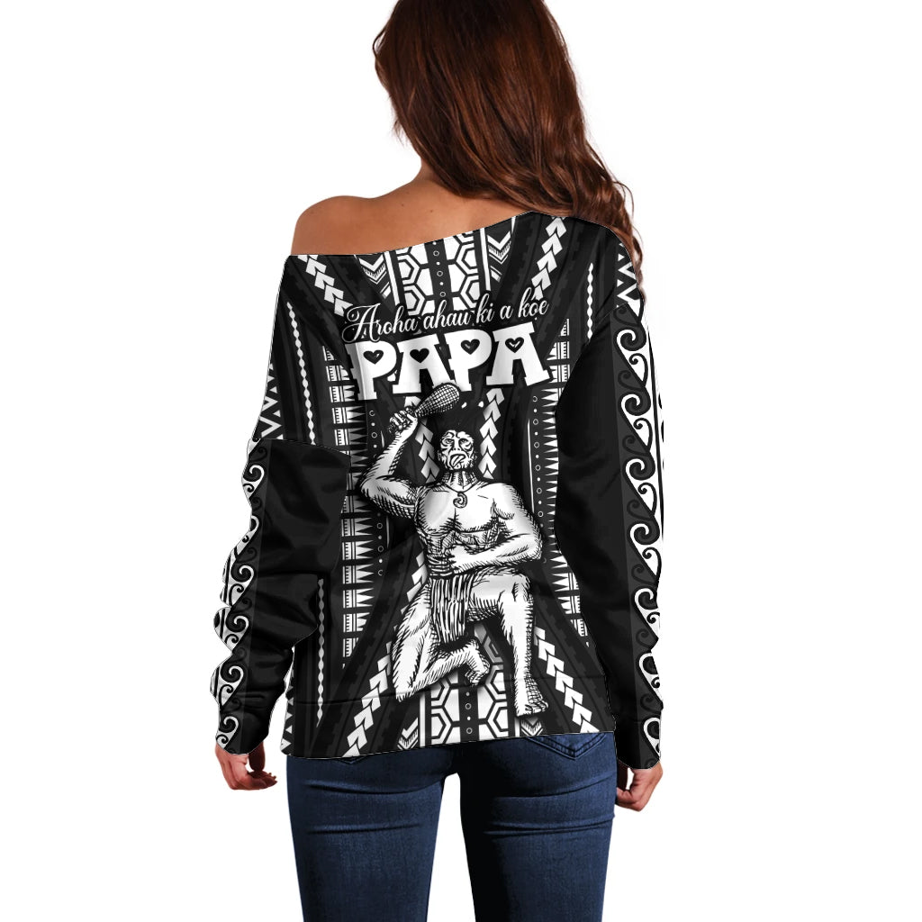 Maori Fathers Day New Zealand Off Shoulder Sweater Aroha Ahau Ki A Koe Papa - Black LT9 - Polynesian Pride