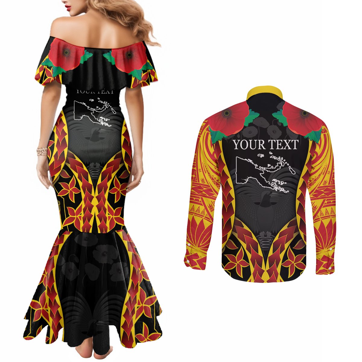 Personalised Papua New Guinea Remembrance Day Couples Matching Mermaid Dress and Long Sleeve Button Shirt
