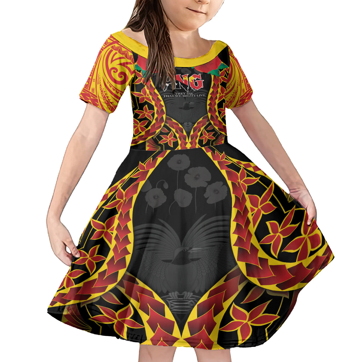 Personalised Papua New Guinea Remembrance Day Family Matching Long Sleeve Bodycon Dress and Hawaiian Shirt LT9 Daughter's Dress Red - Polynesian Pride