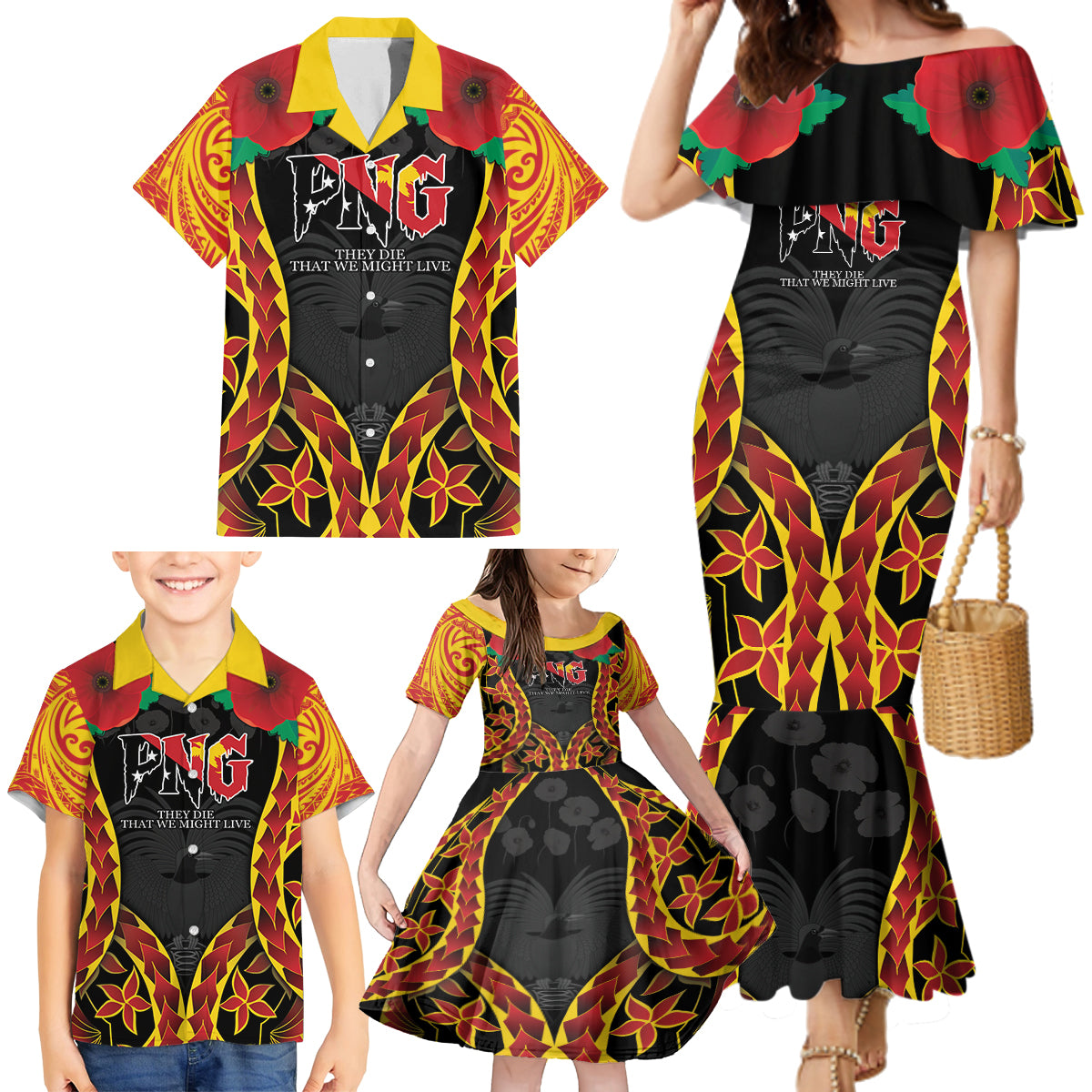 Personalised Papua New Guinea Remembrance Day Family Matching Mermaid Dress and Hawaiian Shirt LT9 - Polynesian Pride