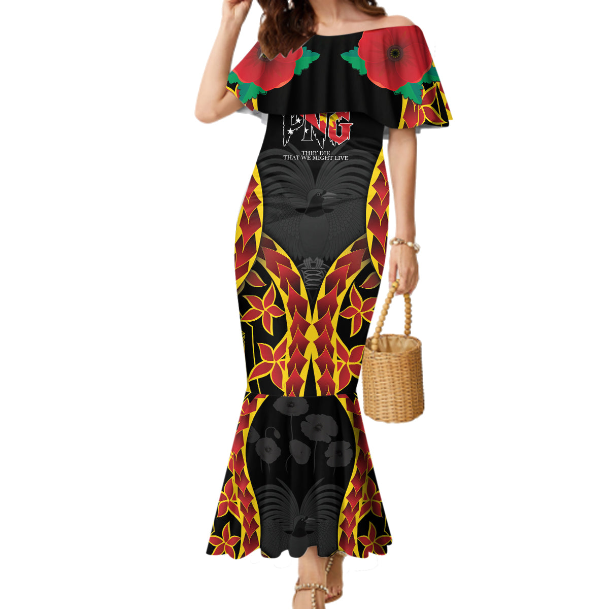 Personalised Papua New Guinea Remembrance Day Family Matching Mermaid Dress and Hawaiian Shirt LT9 Mom's Dress Red - Polynesian Pride