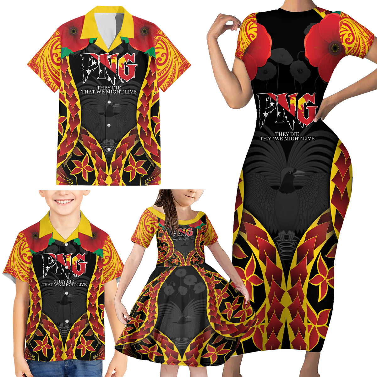 Personalised Papua New Guinea Remembrance Day Family Matching Short Sleeve Bodycon Dress and Hawaiian Shirt LT9 - Polynesian Pride