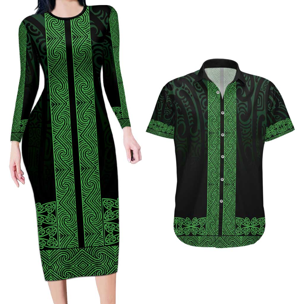 New Zealand Maori Kowhaiwhai Couples Matching Long Sleeve Bodycon Dress and Hawaiian Shirt Kakariki Maui and Mangopare LT9 Green - Polynesian Pride