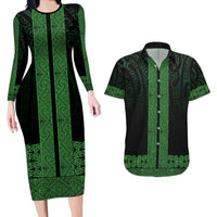 New Zealand Maori Kowhaiwhai Couples Matching Long Sleeve Bodycon Dress and Hawaiian Shirt Kakariki Maui and Mangopare LT9 Green - Polynesian Pride
