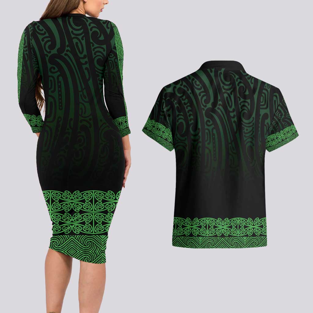 New Zealand Maori Kowhaiwhai Couples Matching Long Sleeve Bodycon Dress and Hawaiian Shirt Kakariki Maui and Mangopare LT9 - Polynesian Pride