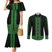 New Zealand Maori Kowhaiwhai Couples Matching Mermaid Dress and Long Sleeve Button Shirt Kakariki Maui and Mangopare LT9 Green - Polynesian Pride