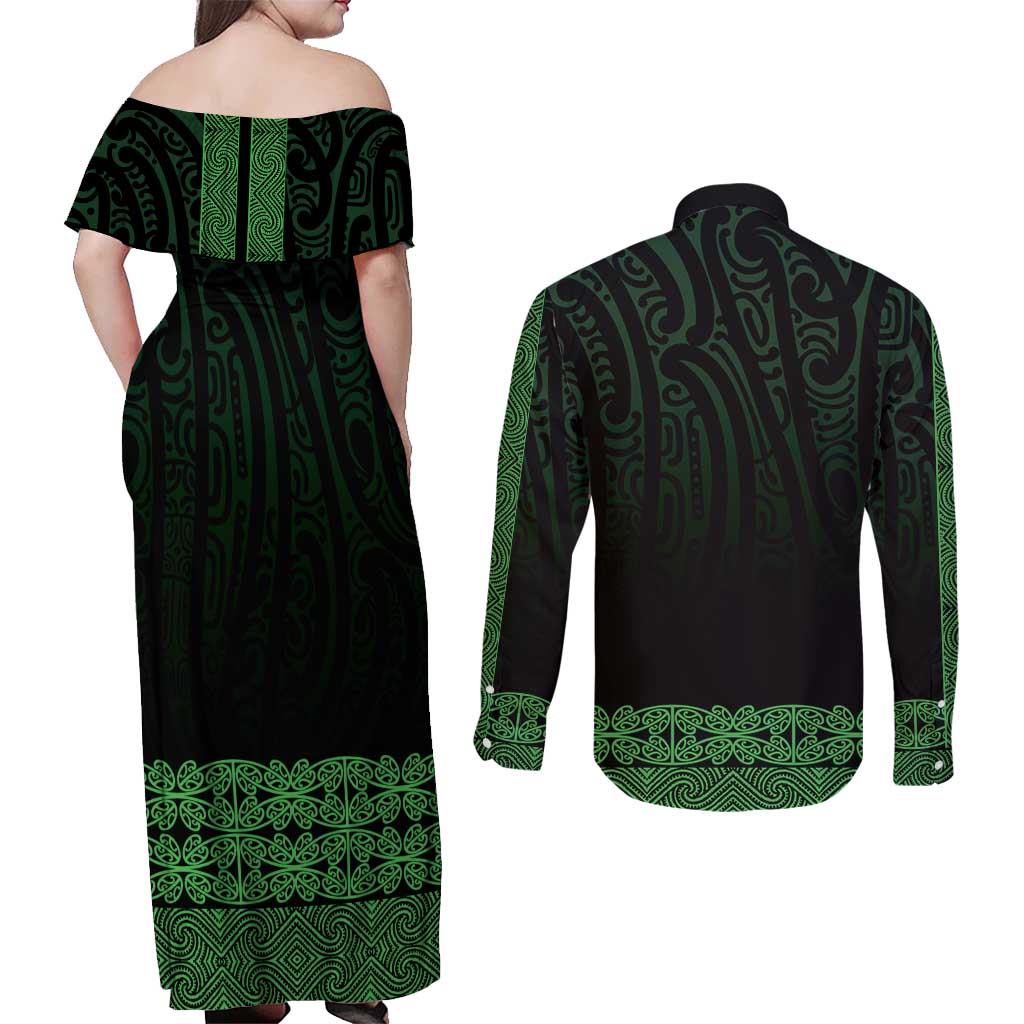 New Zealand Maori Kowhaiwhai Couples Matching Off Shoulder Maxi Dress and Long Sleeve Button Shirt Kakariki Maui and Mangopare LT9 - Polynesian Pride