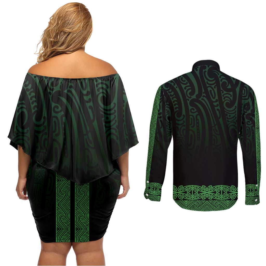 New Zealand Maori Kowhaiwhai Couples Matching Off Shoulder Short Dress and Long Sleeve Button Shirt Kakariki Maui and Mangopare LT9 - Polynesian Pride