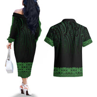 New Zealand Maori Kowhaiwhai Couples Matching Off The Shoulder Long Sleeve Dress and Hawaiian Shirt Kakariki Maui and Mangopare LT9 - Polynesian Pride
