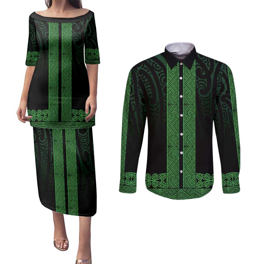 New Zealand Maori Kowhaiwhai Couples Matching Puletasi and Long Sleeve Button Shirt Kakariki Maui and Mangopare