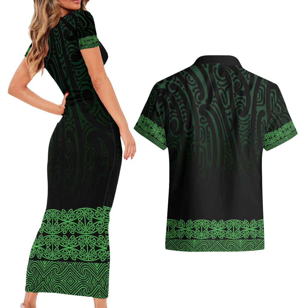 New Zealand Maori Kowhaiwhai Couples Matching Short Sleeve Bodycon Dress and Hawaiian Shirt Kakariki Maui and Mangopare LT9 - Polynesian Pride