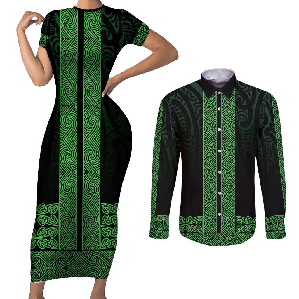 New Zealand Maori Kowhaiwhai Couples Matching Short Sleeve Bodycon Dress and Long Sleeve Button Shirt Kakariki Maui and Mangopare LT9 Green - Polynesian Pride