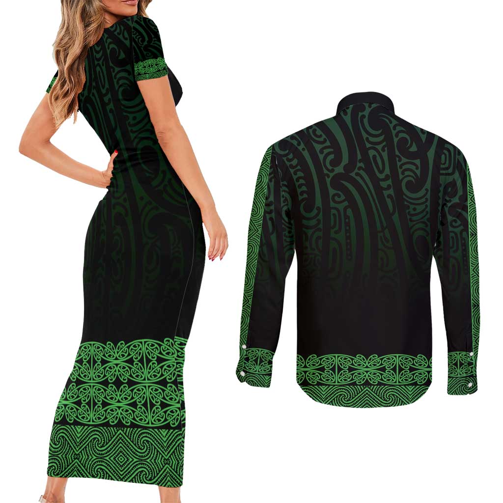 New Zealand Maori Kowhaiwhai Couples Matching Short Sleeve Bodycon Dress and Long Sleeve Button Shirt Kakariki Maui and Mangopare LT9 - Polynesian Pride