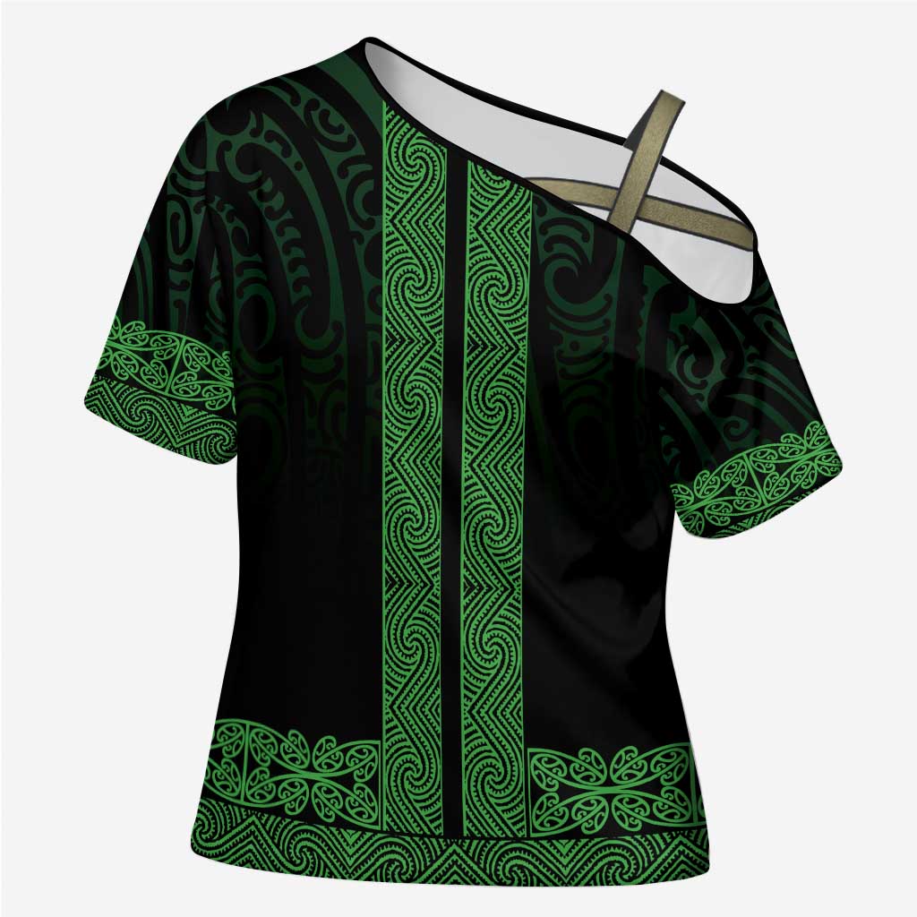 New Zealand Maori Kowhaiwhai Cross Shoulder Shirt Kakariki Maui and Mangopare LT9 Female Green - Polynesian Pride