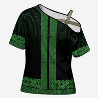 New Zealand Maori Kowhaiwhai Cross Shoulder Shirt Kakariki Maui and Mangopare LT9 Female Green - Polynesian Pride