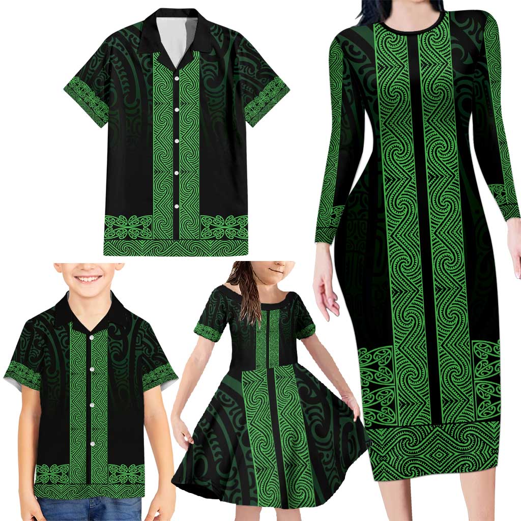 New Zealand Maori Kowhaiwhai Family Matching Long Sleeve Bodycon Dress and Hawaiian Shirt Kakariki Maui and Mangopare LT9 - Polynesian Pride