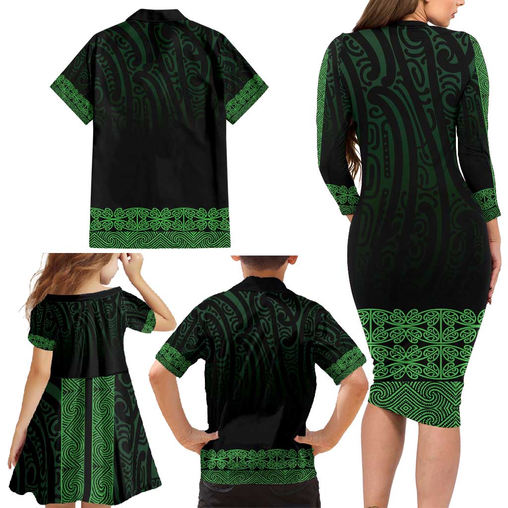 New Zealand Maori Kowhaiwhai Family Matching Long Sleeve Bodycon Dress and Hawaiian Shirt Kakariki Maui and Mangopare LT9 - Polynesian Pride
