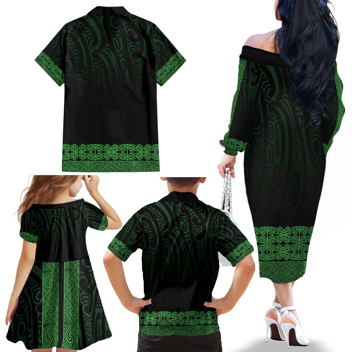 New Zealand Maori Kowhaiwhai Family Matching Off The Shoulder Long Sleeve Dress and Hawaiian Shirt Kakariki Maui and Mangopare LT9 - Polynesian Pride