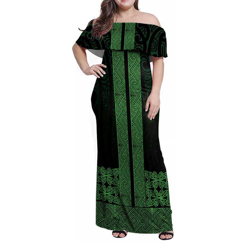 New Zealand Maori Kowhaiwhai Family Matching Off Shoulder Maxi Dress and Hawaiian Shirt Kakariki Maui and Mangopare LT9 Mom's Dress Green - Polynesian Pride