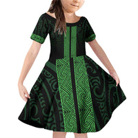 New Zealand Maori Kowhaiwhai Family Matching Off Shoulder Short Dress and Hawaiian Shirt Kakariki Maui and Mangopare LT9 Daughter's Dress Green - Polynesian Pride