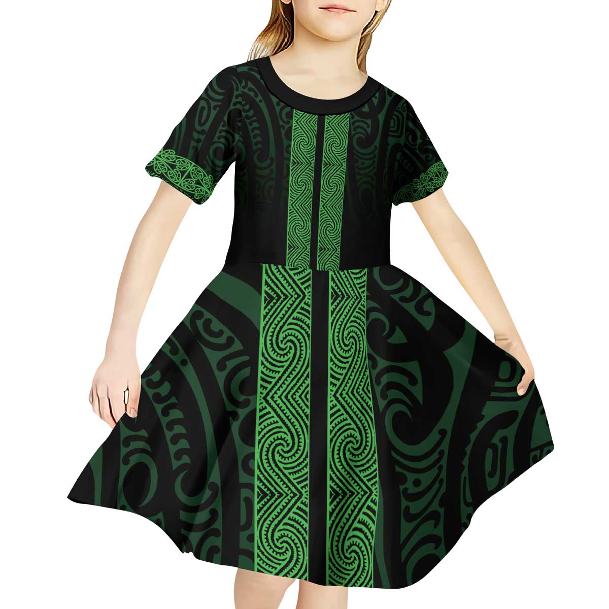 New Zealand Maori Kowhaiwhai Kid Short Sleeve Dress Kakariki Maui and Mangopare LT9 - Polynesian Pride