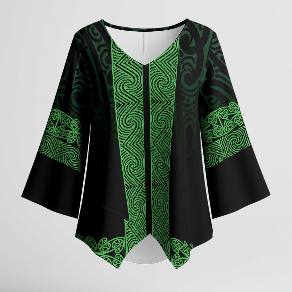 New Zealand Maori Kowhaiwhai Kimono Sleeve Blouse Kakariki Maui and Mangopare LT9 Female Green - Polynesian Pride