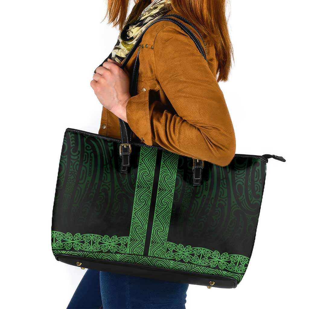 New Zealand Maori Kowhaiwhai Leather Tote Bag Kakariki Maui and Mangopare LT9 Green - Polynesian Pride