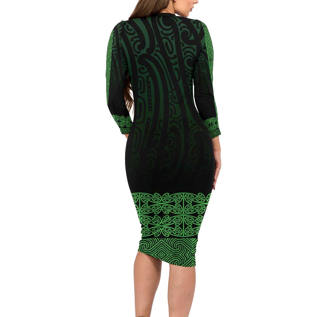 New Zealand Maori Kowhaiwhai Long Sleeve Bodycon Dress Kakariki Maui and Mangopare LT9 - Polynesian Pride