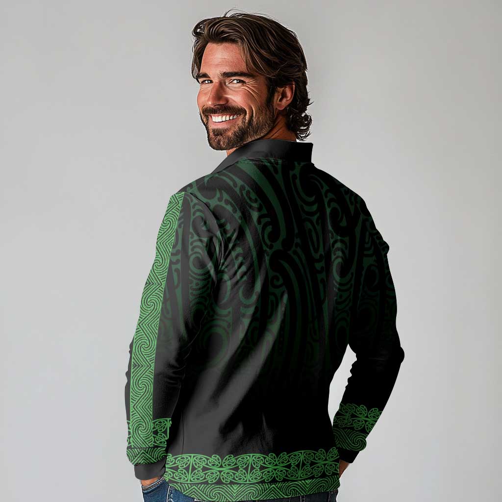 New Zealand Maori Kowhaiwhai Long Sleeve Polo Shirt Kakariki Maui and Mangopare