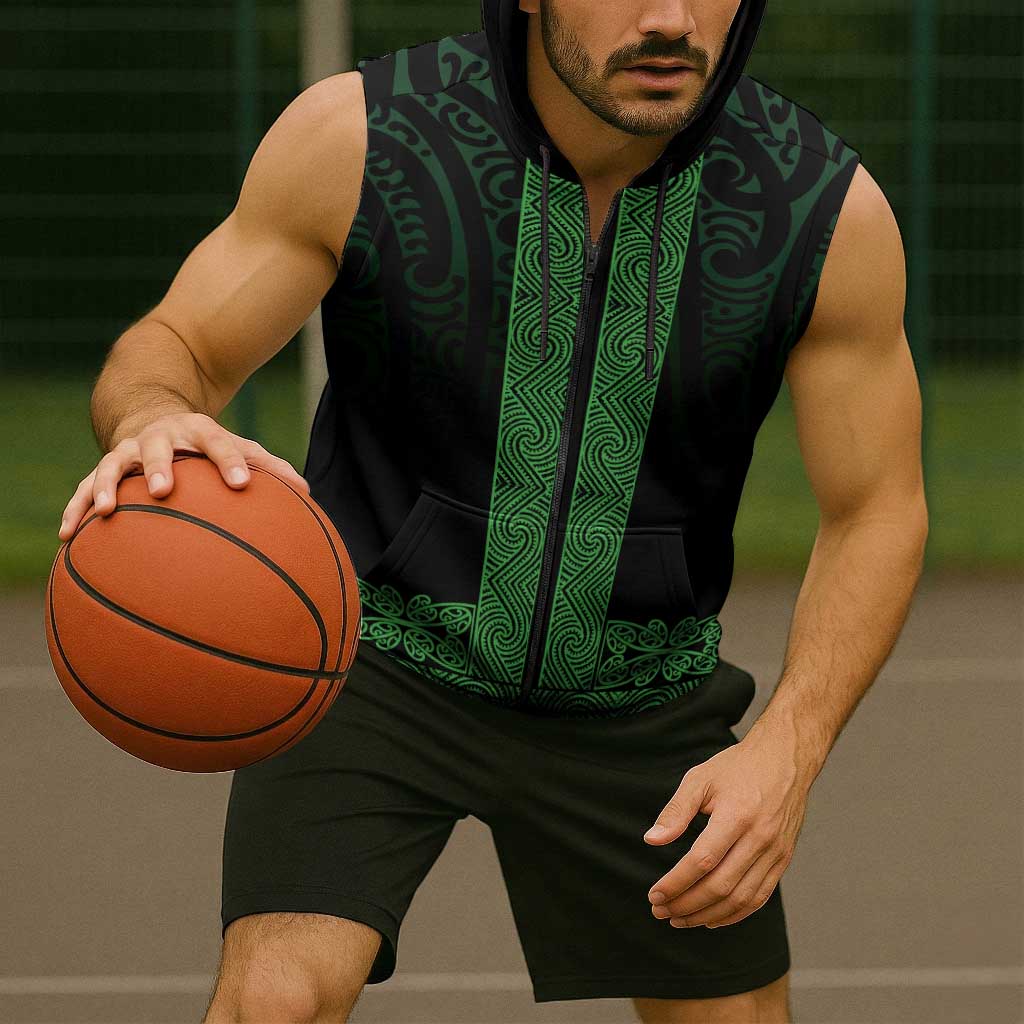 New Zealand Maori Kowhaiwhai Sleeveless Zip Hoodie Kakariki Maui and Mangopare LT9 - Polynesian Pride