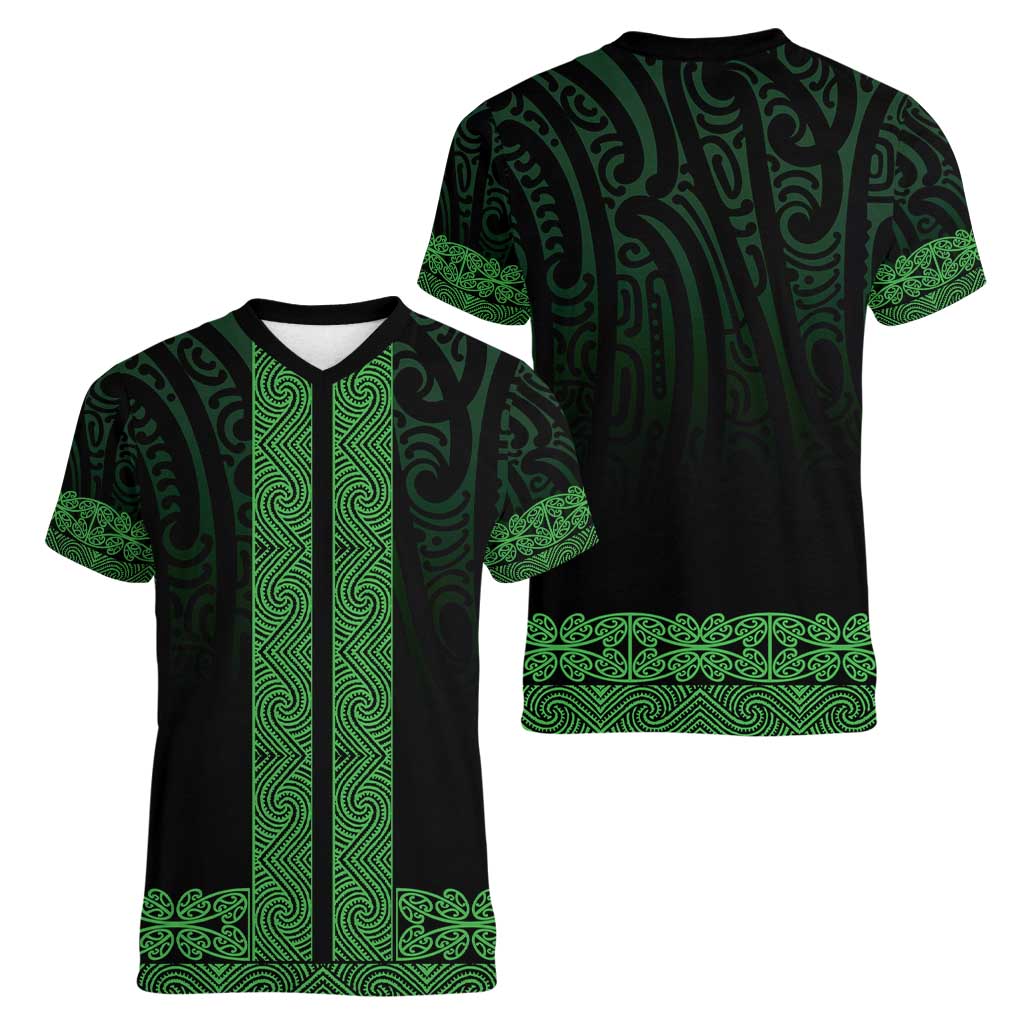 New Zealand Maori Kowhaiwhai Women V-Neck T-Shirt Kakariki Maui and Mangopare