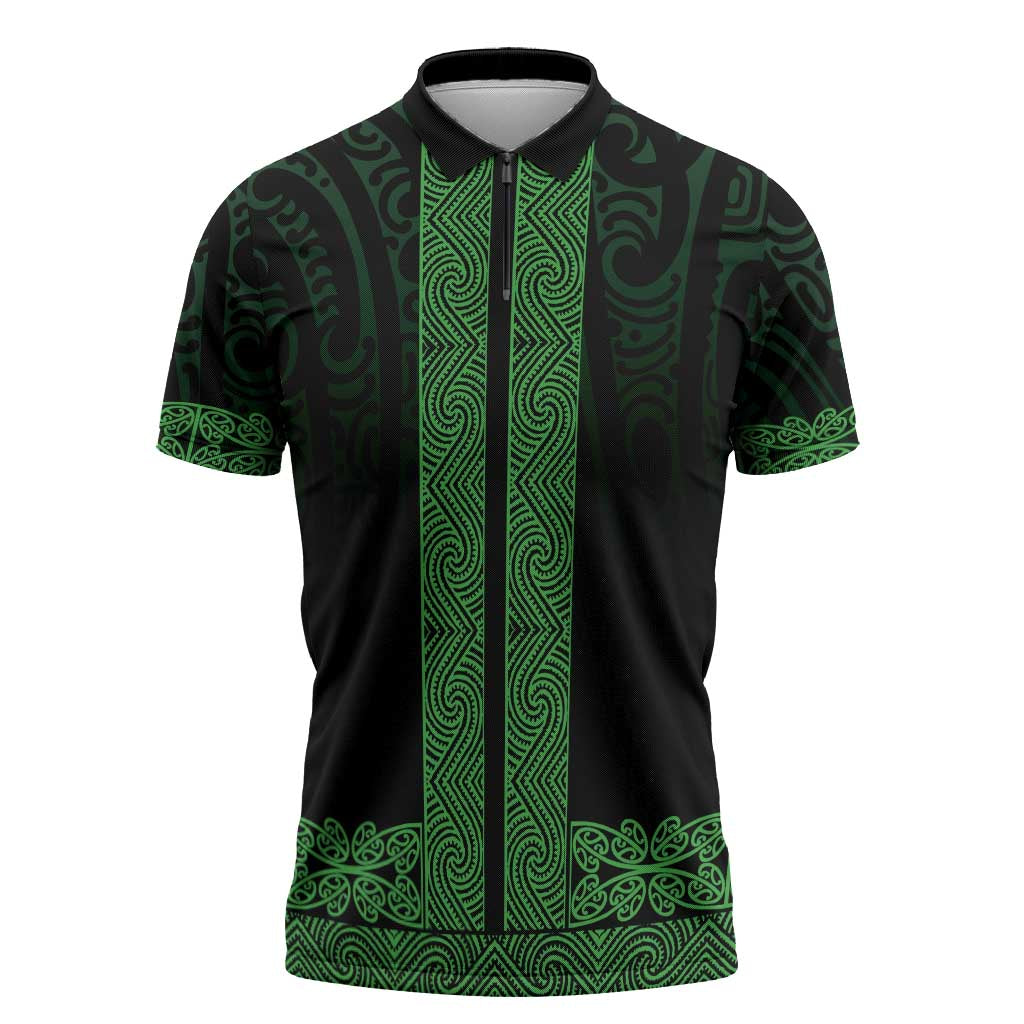 New Zealand Maori Kowhaiwhai Zipper Polo Shirt Kakariki Maui and Mangopare LT9 Green - Polynesian Pride