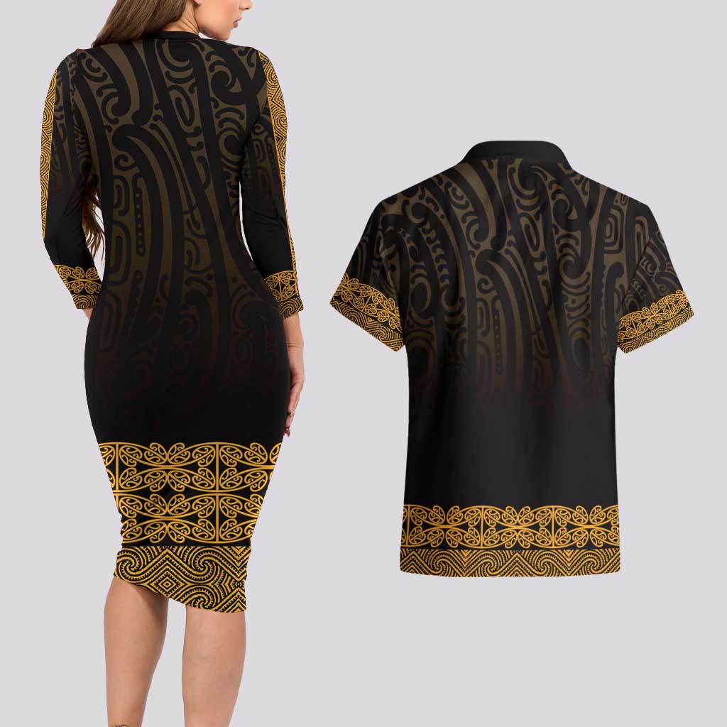 New Zealand Maori Kowhaiwhai Couples Matching Long Sleeve Bodycon Dress and Hawaiian Shirt Karaka Maui and Mangopare LT9 - Polynesian Pride