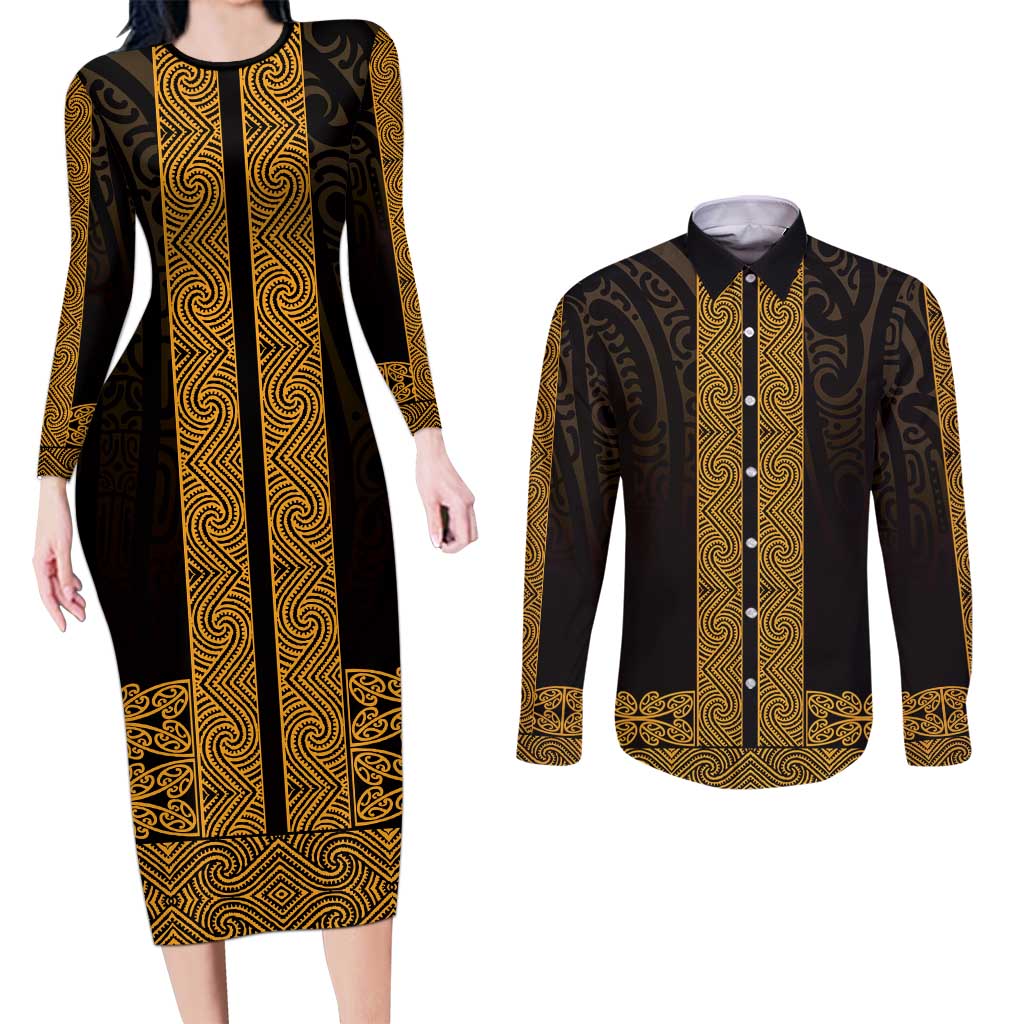 New Zealand Maori Kowhaiwhai Couples Matching Long Sleeve Bodycon Dress and Long Sleeve Button Shirt Karaka Maui and Mangopare LT9 Gold - Polynesian Pride