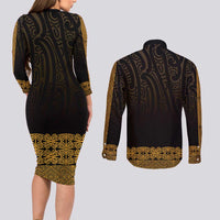 New Zealand Maori Kowhaiwhai Couples Matching Long Sleeve Bodycon Dress and Long Sleeve Button Shirt Karaka Maui and Mangopare LT9 - Polynesian Pride