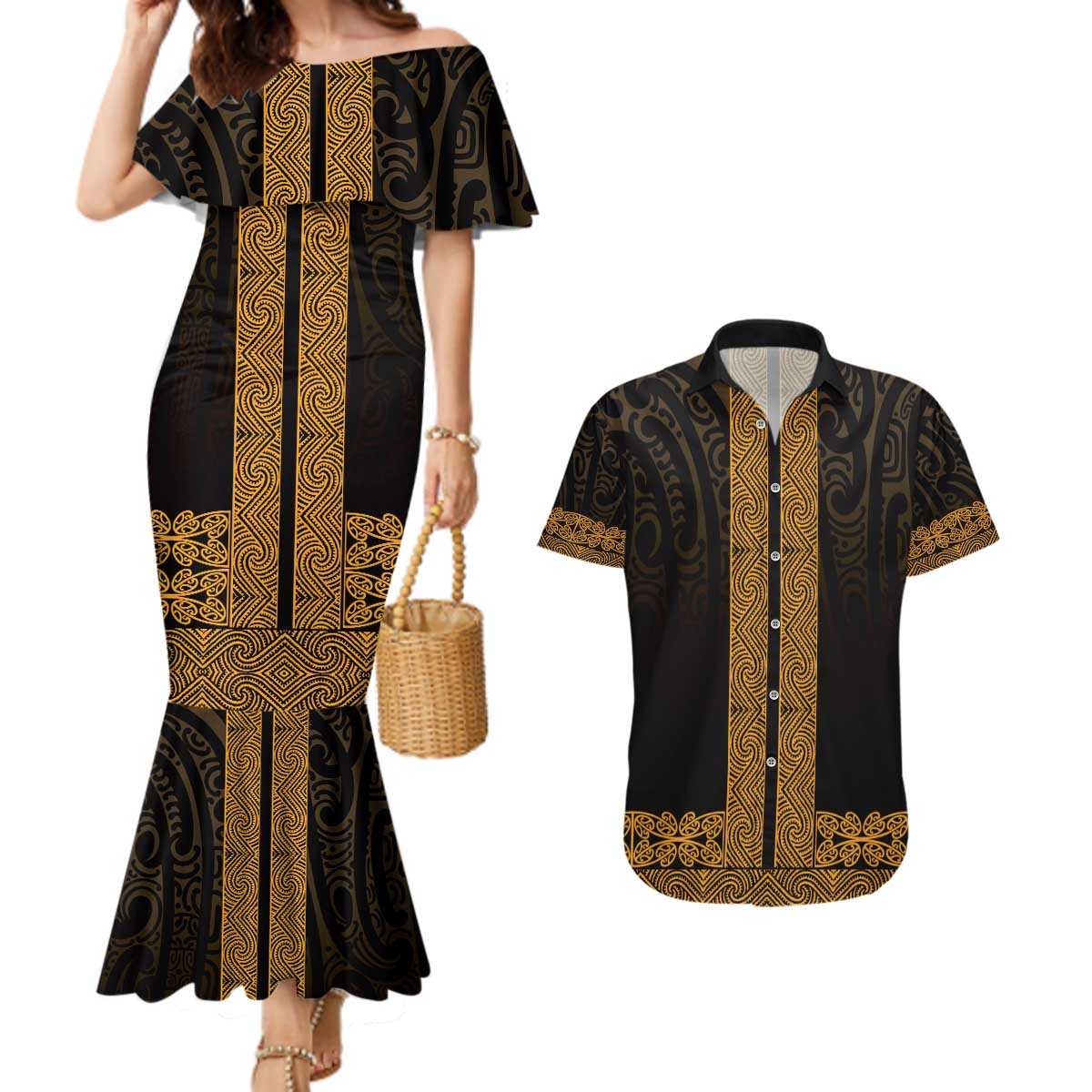 New Zealand Maori Kowhaiwhai Couples Matching Mermaid Dress and Hawaiian Shirt Karaka Maui and Mangopare LT9 Gold - Polynesian Pride