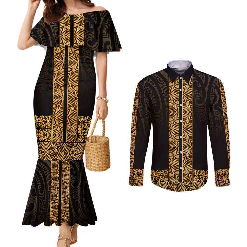 New Zealand Maori Kowhaiwhai Couples Matching Mermaid Dress and Long Sleeve Button Shirt Karaka Maui and Mangopare