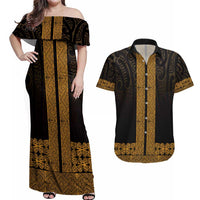 New Zealand Maori Kowhaiwhai Couples Matching Off Shoulder Maxi Dress and Hawaiian Shirt Karaka Maui and Mangopare LT9 Gold - Polynesian Pride