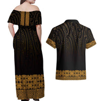 New Zealand Maori Kowhaiwhai Couples Matching Off Shoulder Maxi Dress and Hawaiian Shirt Karaka Maui and Mangopare LT9 - Polynesian Pride